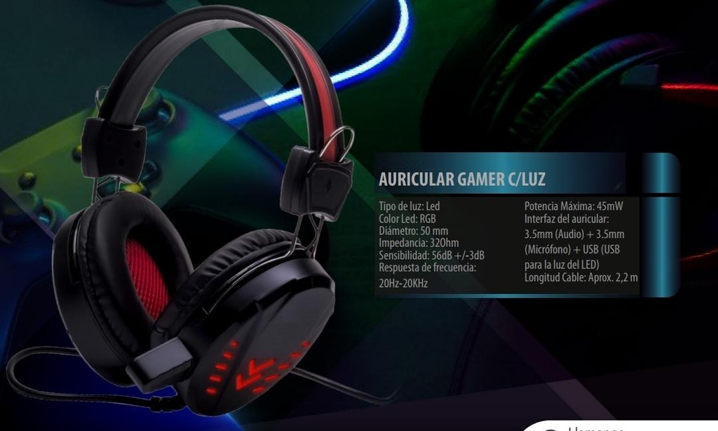 Auricular Gamer c/luz RGB para Pc USB + 3,5mm (audio y micrófono)