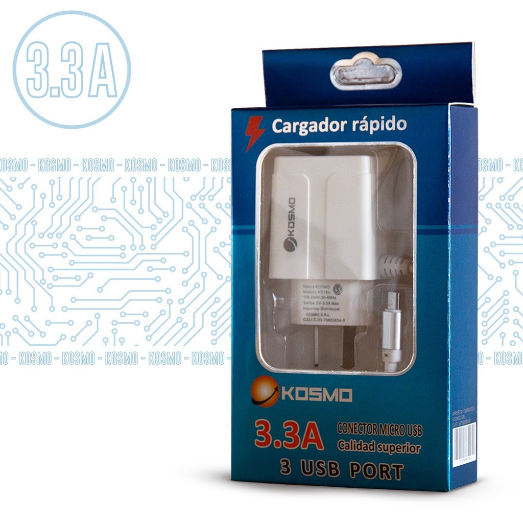 Cargador Kosmo V8 3.3A KS-18L tres salidas + cable incorporado