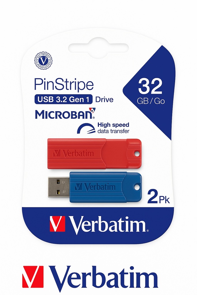 Pendrive 32gb Verbatim PinStripe 3.2 (Pack x 2u) Rojo-Azul