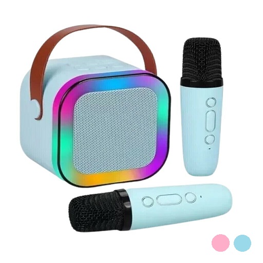 Mini Parlante Portatil BT Micro Sd Usb Aux Karaoke con 2 Microfono y Luces K12