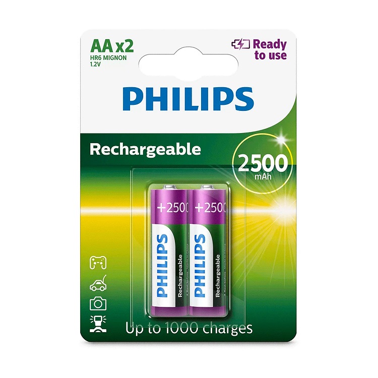 Pack 2 Pilas Recargables AA Philips 2500mAh