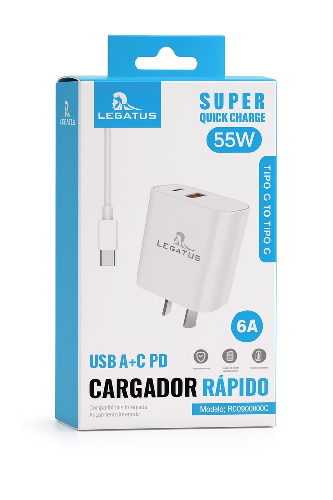 Kit Cargador 2 en 1 Tipo C Carga Rapida 55W Usb A + Usb C Legatus