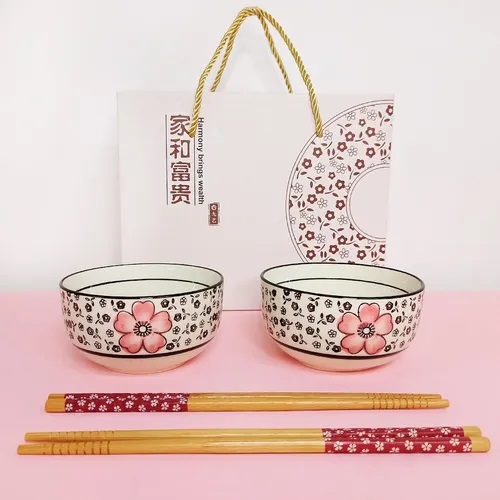 Set Bowls Porcelana Diseño Flores x 2u (11cm) con Palitos