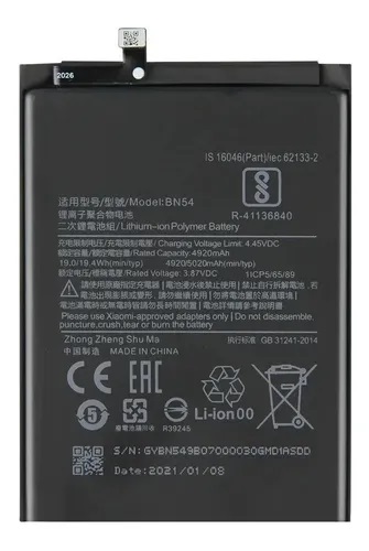 Bateria Xiaomi Redmi Note 9 5G / Redmi 9 / Redmi 10X 4G BN54 Original @#