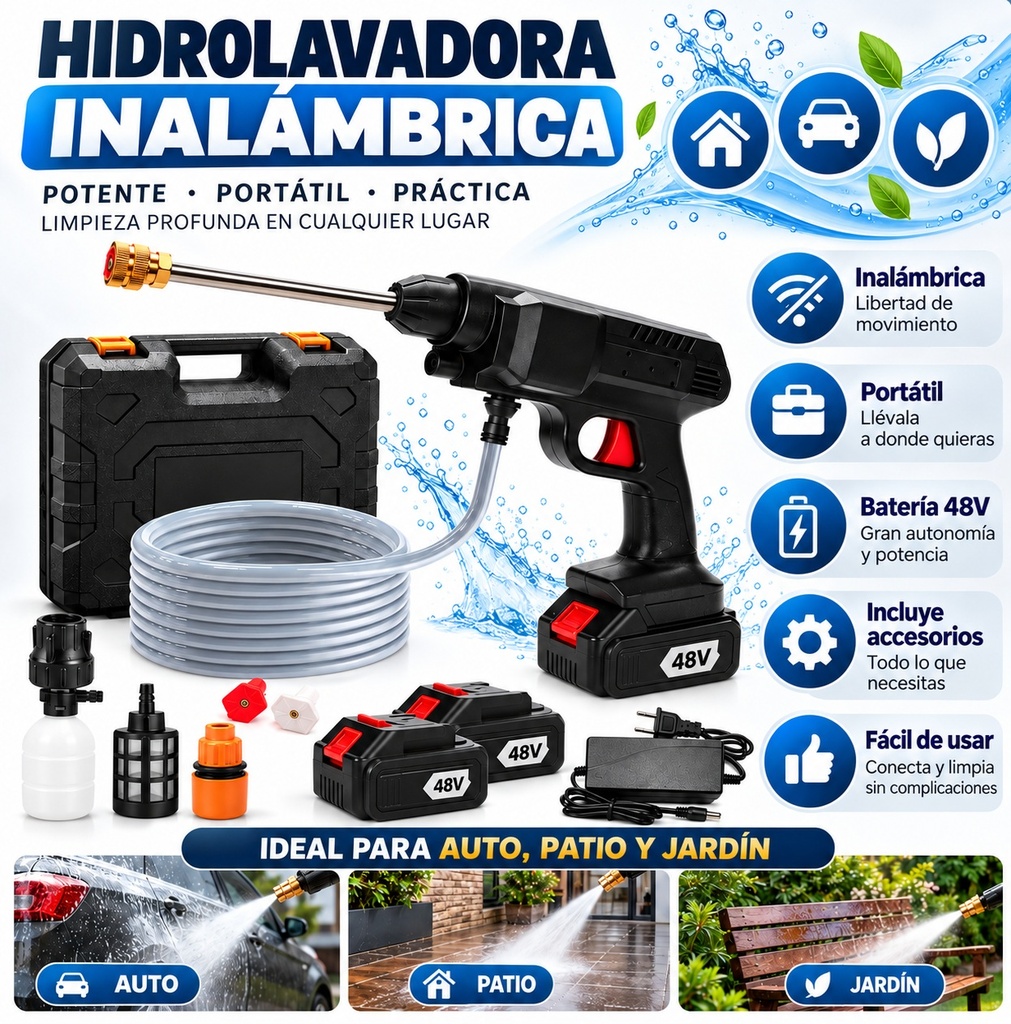Mini Hidrolavadora Inalambrica 2 Baterias 240w 48v
