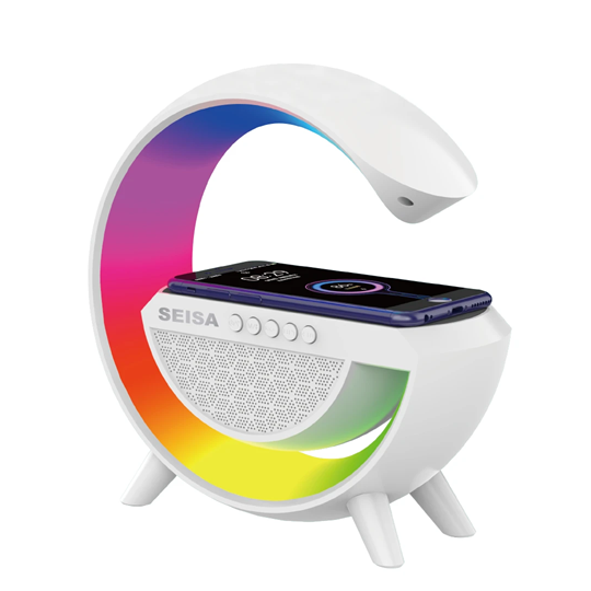 Parlante BT Micro Sd Usb Aux Fm con Luces Cargador Incalambrico QI BT2301 (23,5x8x24cm)