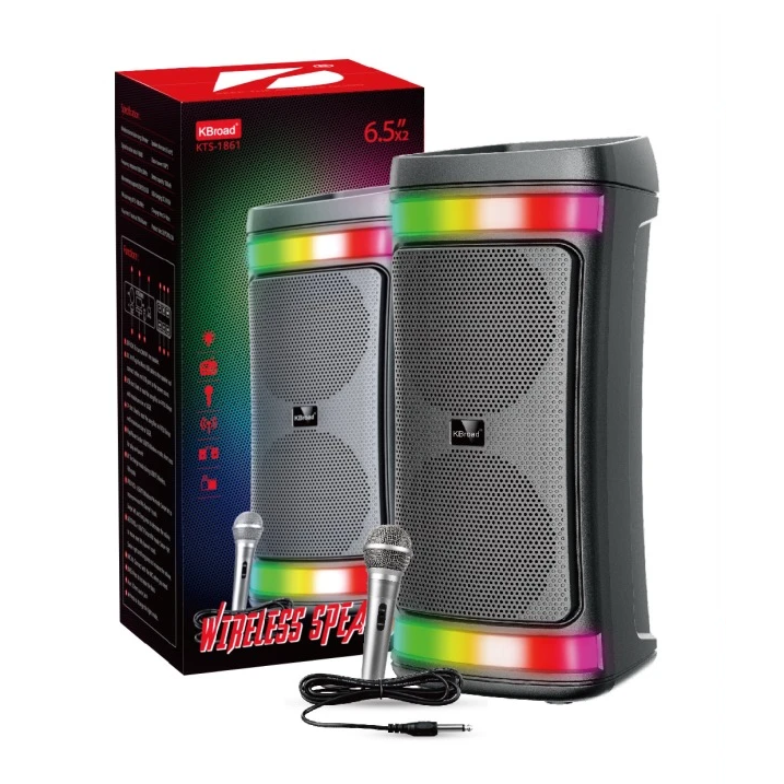 Parlante Portatil 6,5"x2 BT Karaoke con Microfono Micro Sd Usb Aux FM KTS-1861 (20,5x20x46cm)