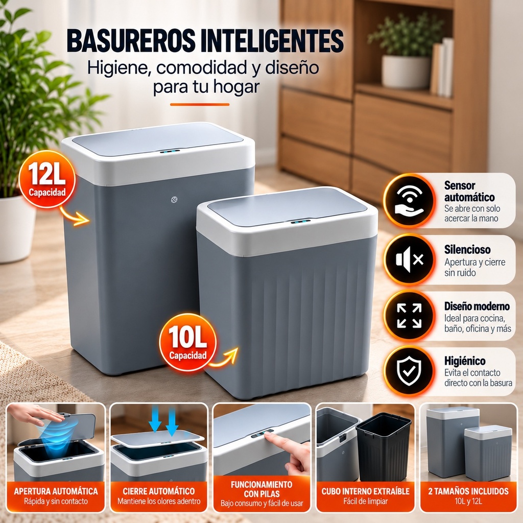 Tacho de Basura Inteligente x 2u con Sensor Automatico 10L y 12L