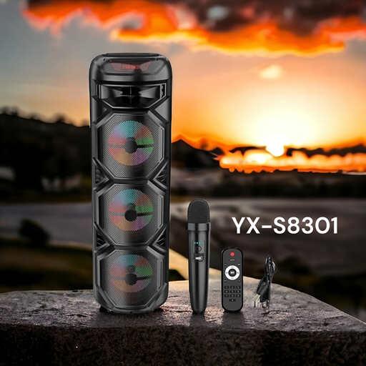 Parlante Portatil 8"x3 BT Karaoke con Microfono Micro Sd Usb Aux FM YX-S8301 (26x90cm)