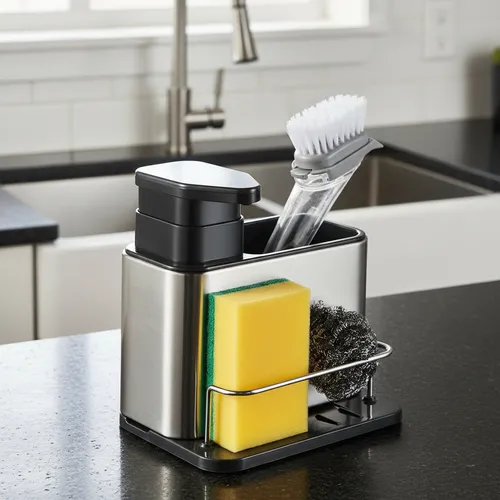 Dispenser de Detergente con Porta Esponja Acero Inoxidable (18x18x12cm)