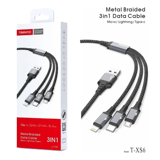 Cable USB 3 en 1 V8 - Lightning - Tipo C 1,2m Tranyoo T-XS6