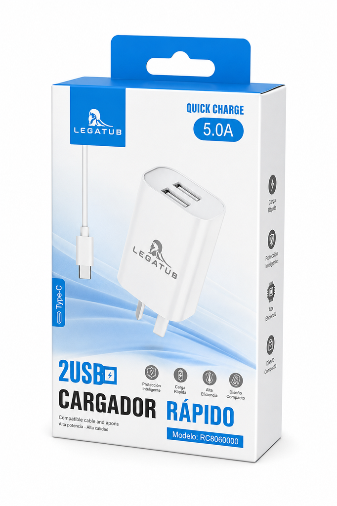 Kit Cargador 2 en 1 Legatus Tipo C Carga Rapida 5.0A doble usb