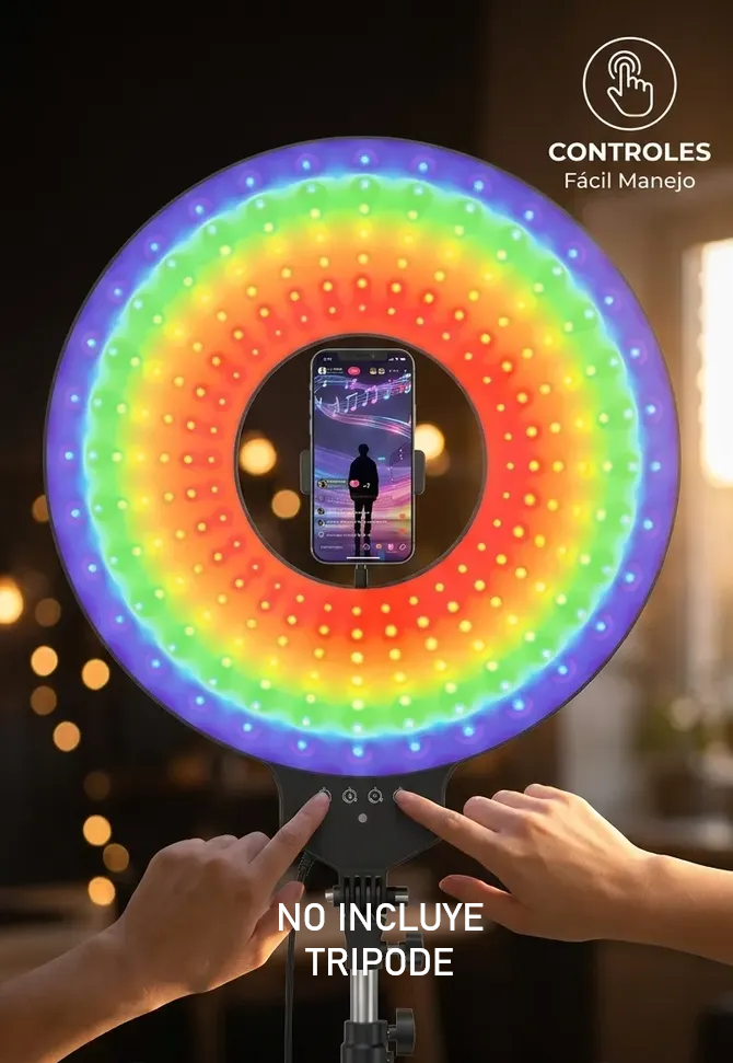Aro Led RGB tipo Panel con Soporte para Celular Audioritmico 5 modos y Regulador de Intensidad 35cm MJ-321