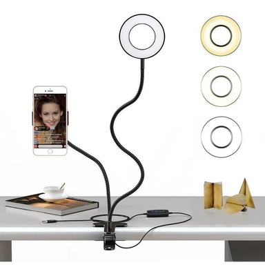 [501319 TMHD9405 7793702400140] Aro Led Selfie con Soporte tipo gancho - control de intensidad y frio/calido