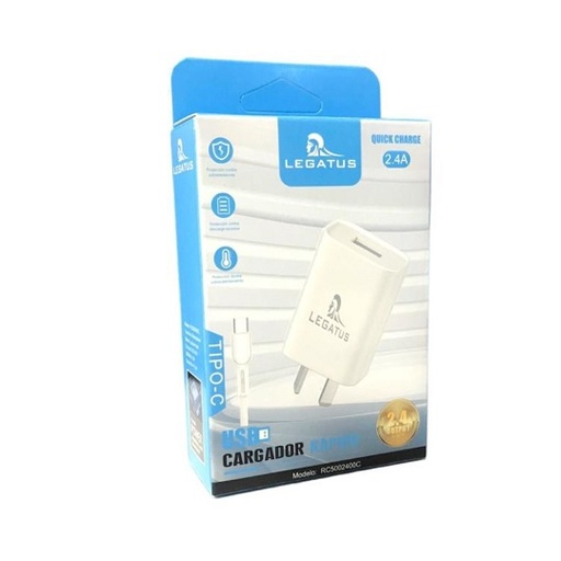 [7796350510650 RC5002400C] Kit Cargador 2 en 1 Tipo C Carga Rapida 2.4A Legatus