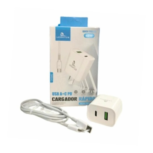 [503184] Kit Cargador 2 en 1 Tipo C Carga Rapida 45W Usb A + Usb C Legatus