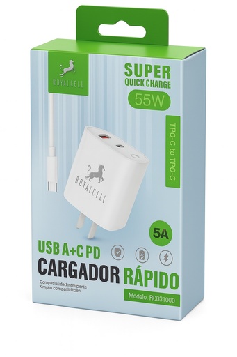 [7796350516676 RC9006000A] Kit Cargador 2 en 1 55W Usb A + Usb C Carga rapida Royalcell Tipo C