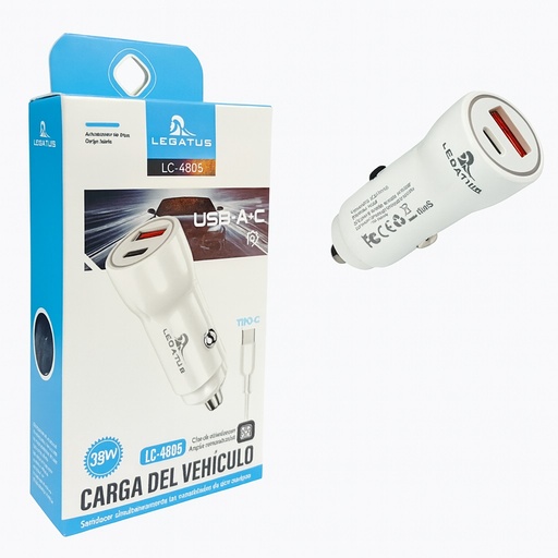 [7796350519776] Cargador Legatus 12V Tipo C PD + Usb 38W LC-4805