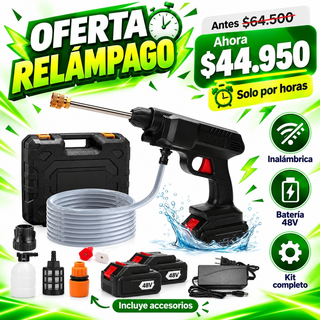 [504891 041510 351166] Mini Hidrolavadora Inalambrica 2 Baterias 240w 48v