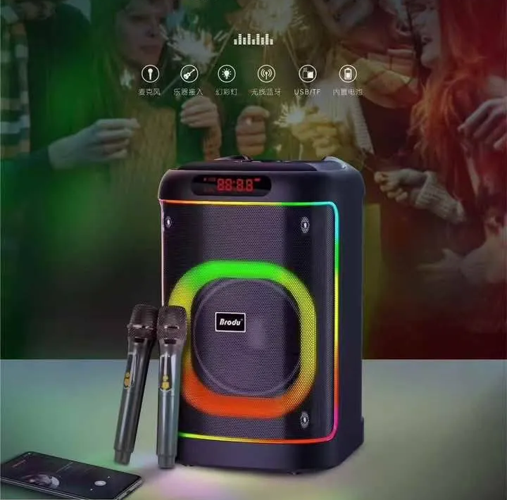 [6290132593356] Parlante Portatil 8" BT Karaoke con 2 Microfonos Micro Sd Usb Aux KTS-2103 (68x62x54cm)