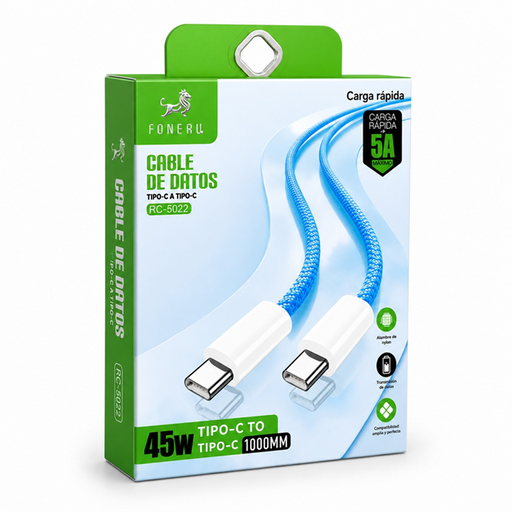[RC-5020] Cable de Datos Carga Rapida 5A Tipo C a Tipo C 45W Cordon RC-5020 1m
