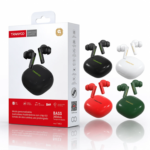 [6970791129850 129867] Auricular Bluetooth V5.3 Doble con Base Cargadora Tranyoo T-M01