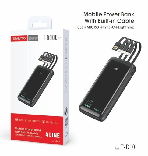 [6970791128747] Power Bank 10000mAh Usb / V8 / Tipo C / Lightning Tranyco T-D10
