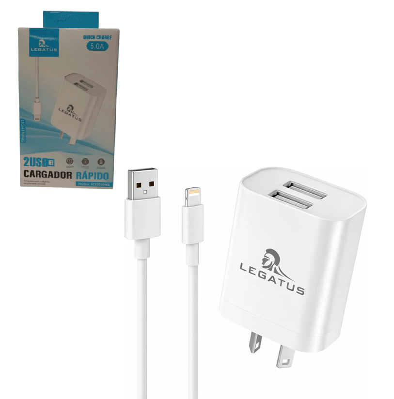 [7796350518151 RC5005000B] Kit Cargador 2 en 1 Legatus Lightning Carga Rapida 5.0A doble usb
