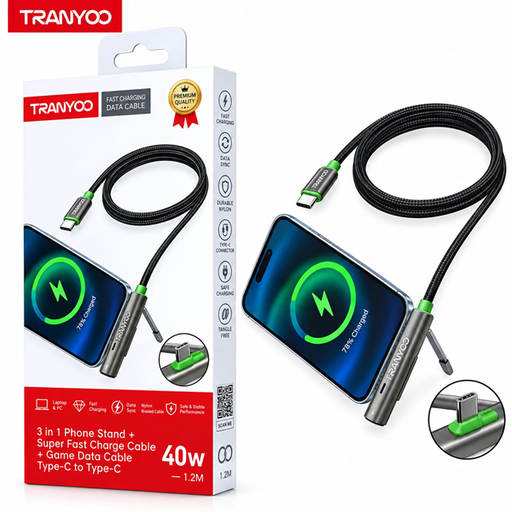 [6978926670444] Cable de Datos Tipo C a Tipo C con Soporte para Celular 3 en 1 240W Tranyoo CC10
