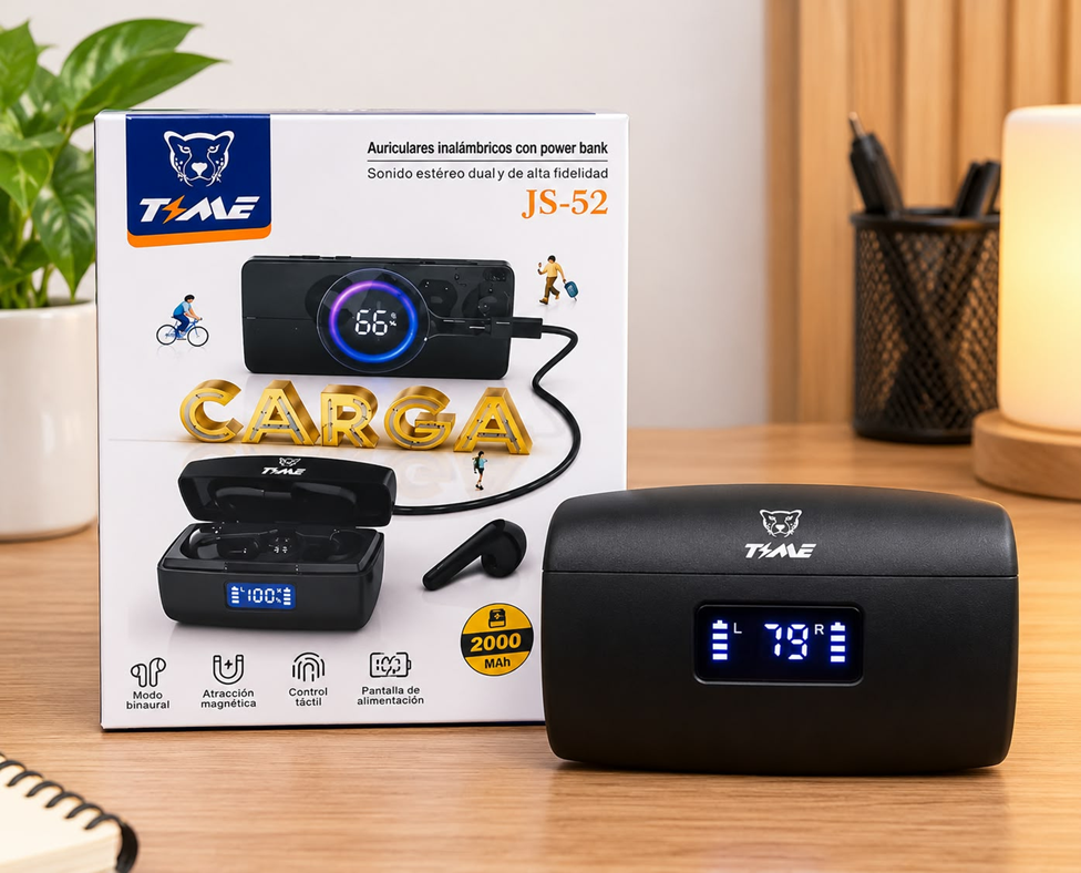 [0723540563919] Auricular Bluetooth V5.3 Doble con Base Cargadora Power Bank 2000mAh JS-52